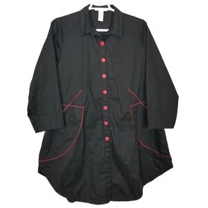 Cheyenne Women Button Up Tunic Top Shirt Sz 1X Black Red Trim Boho Lagenlook